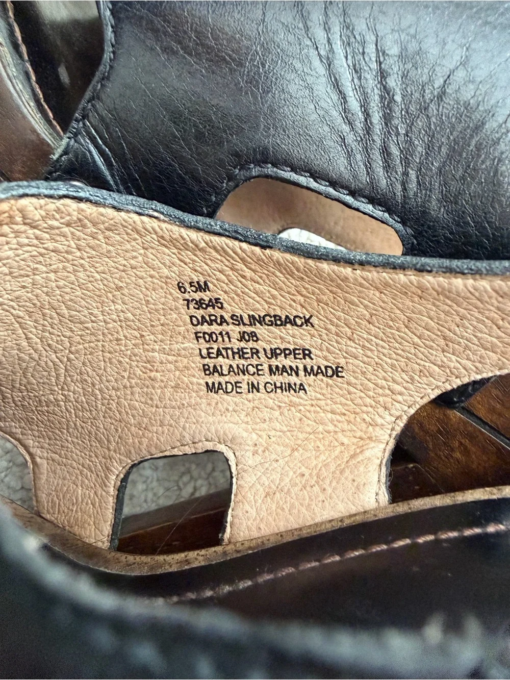 Frye Black Leather and Brown Wood Platform Slingback Heels